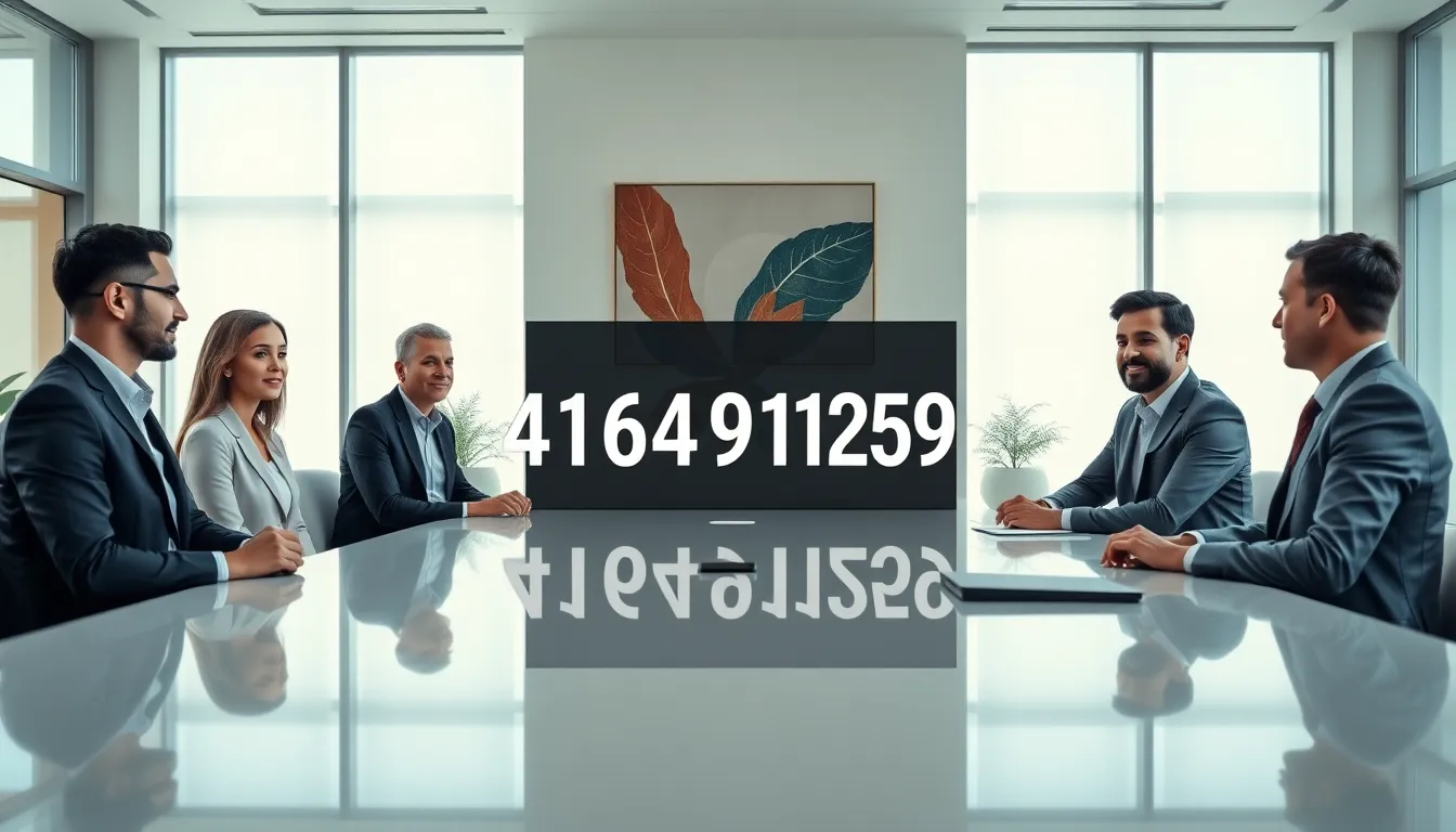 Professionals discussing the significance of the number 4164911259 in a modern office.