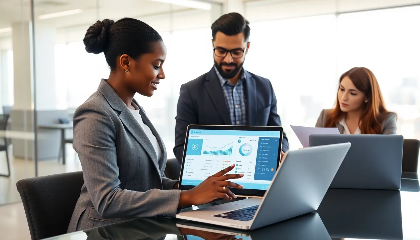 professionals analyzing phone call data in a modern office.